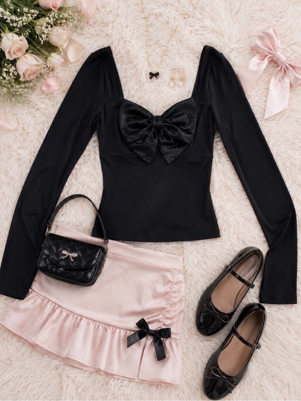 Women's Black Long-Sleeve Top with Bow Detail